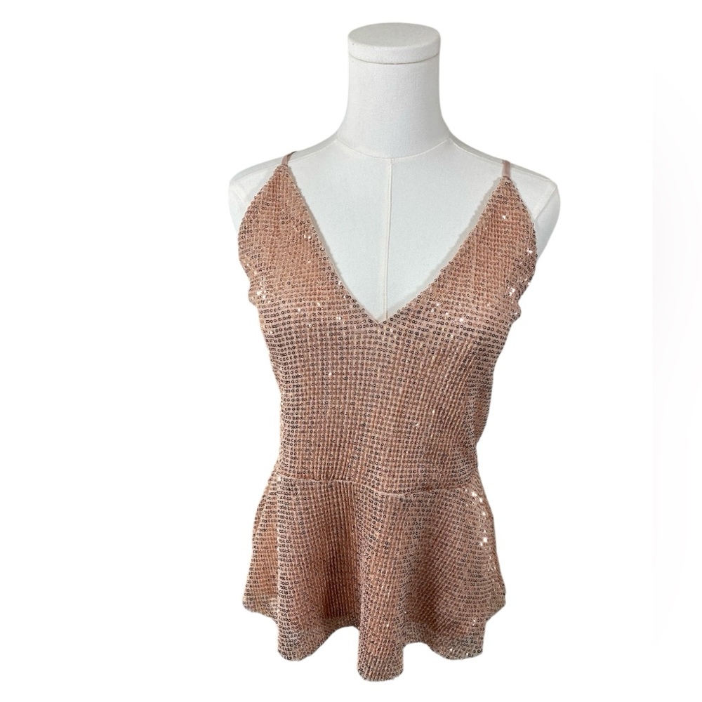 Express L Sequin Cami Rose Gold Spaghetti Strap Party Glam Festival Tank Top